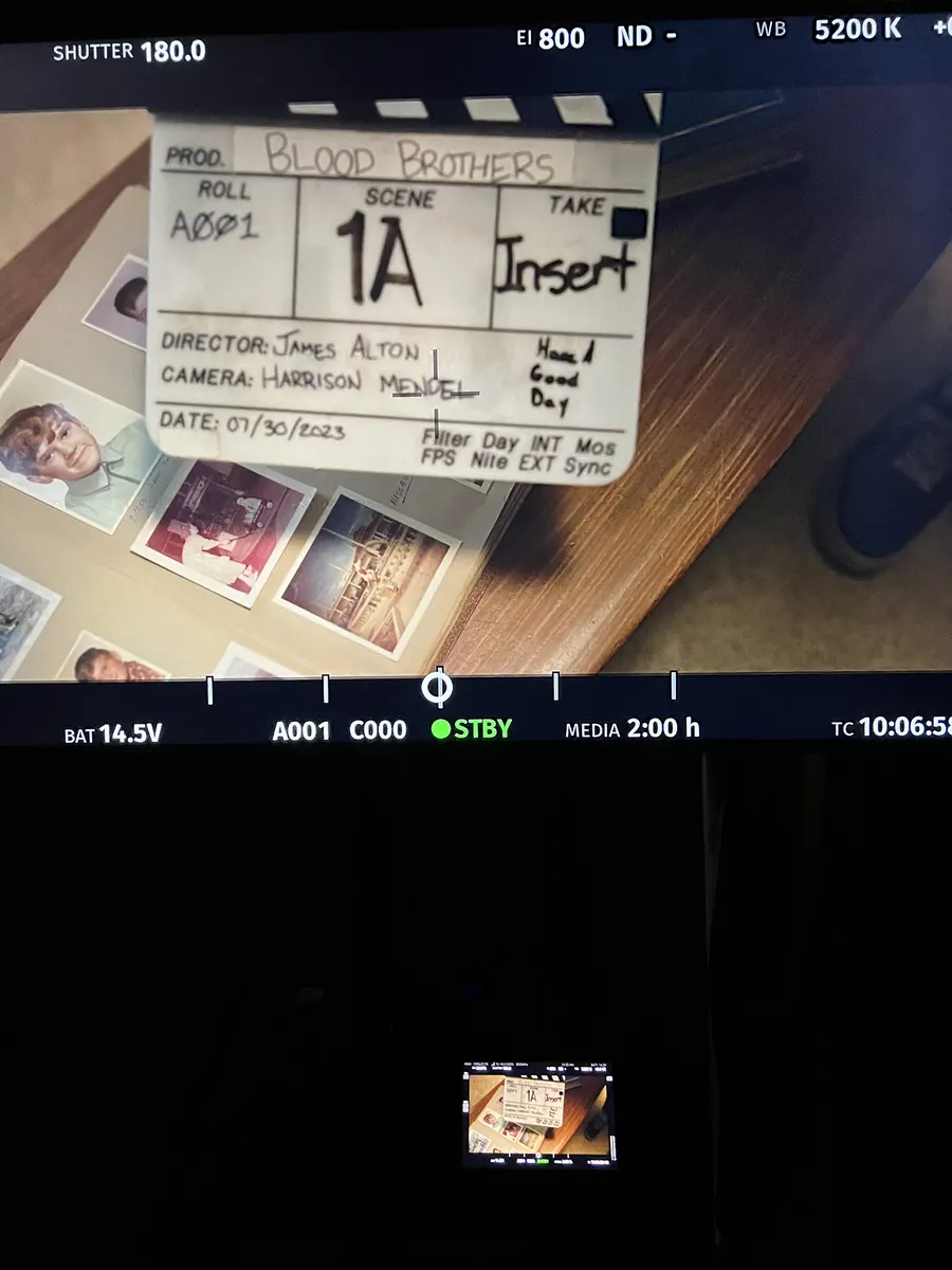 Blood Brothers slate on camera monitor