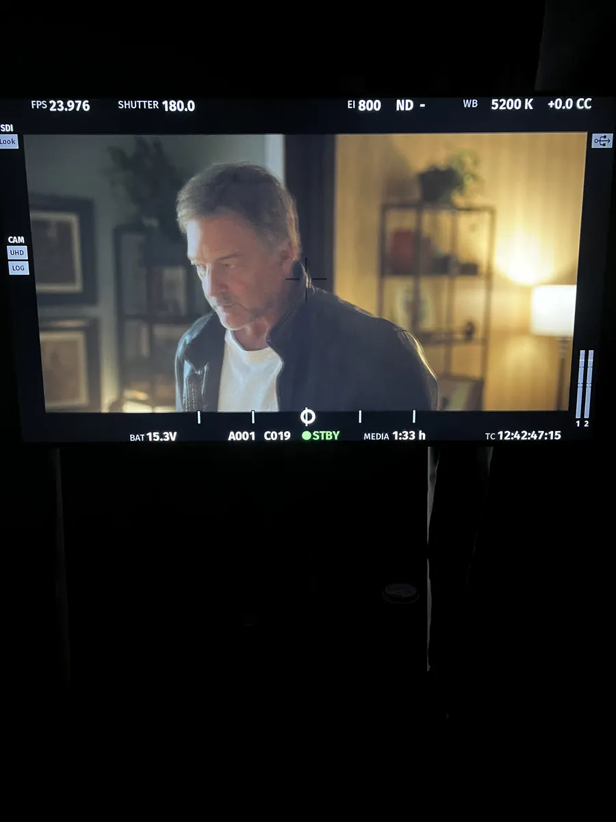 Actor close-up on production monitor for Blood Brothers