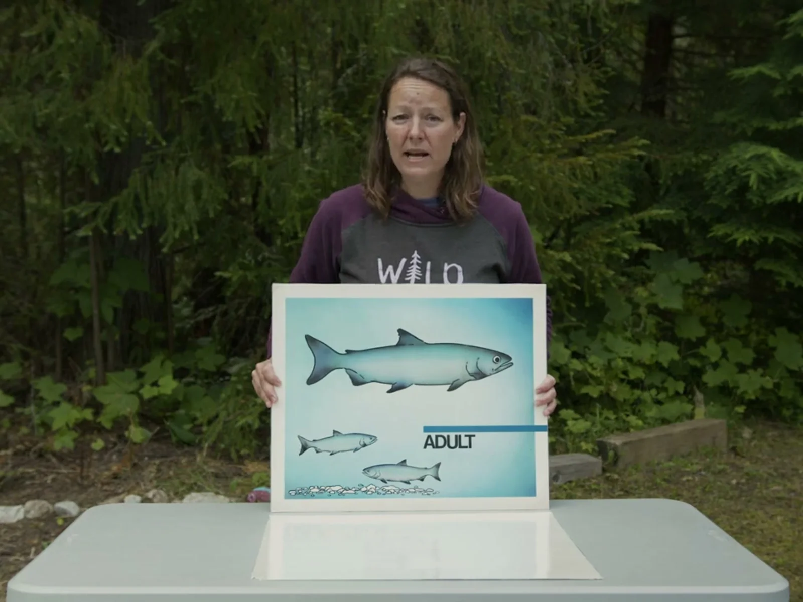 Shona Bruce teaching the adult salmon lifecycle stage with outdoor lesson materials.