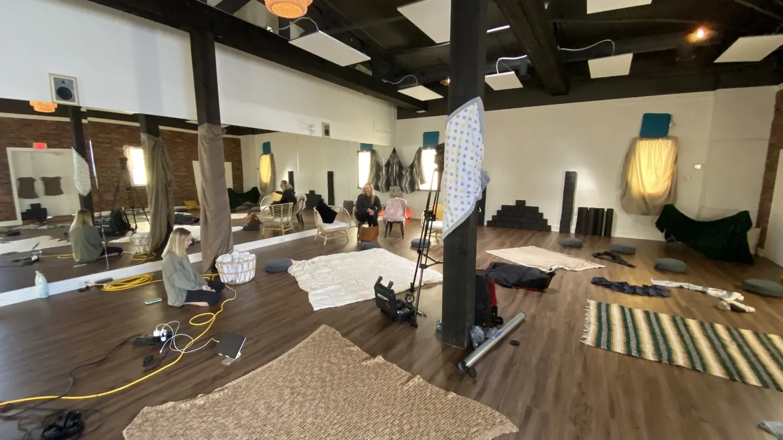 Our Yoga Space studio set up with blankets, cables and camera gear for the March 2020 class-library shoot.