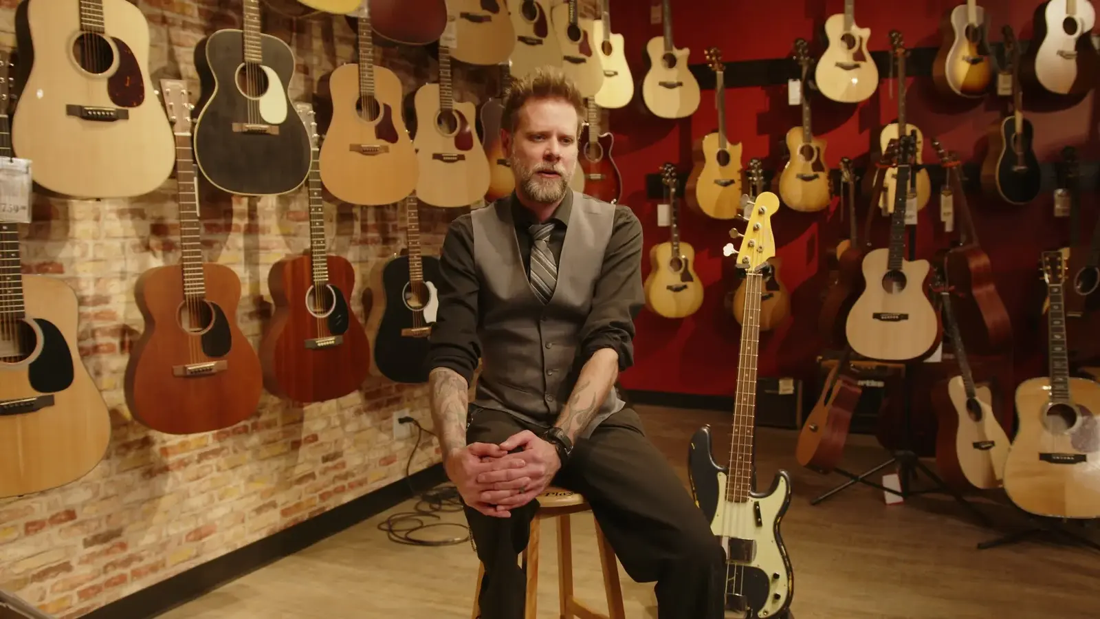 Interview setup inside a guitar shop from Vintage Rebel development footage.
